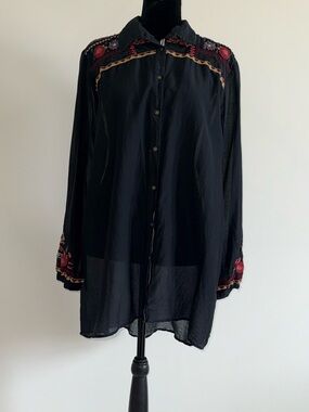 Johnny Was Workshop Embroidered Black Boho Shirt Dress Tunic Women's XL